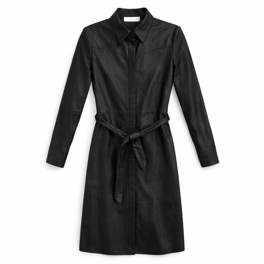 Faux Leather Belted Shirt Dress Black Long Sleeve Midi Dress Size 6